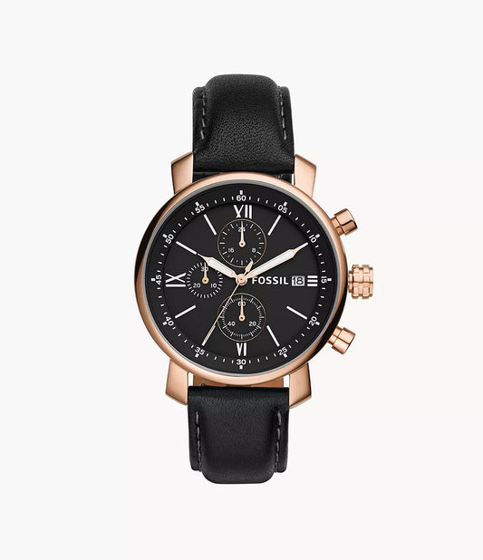 Fossil Chronograph Black Leather and RoseGold Dail Watch